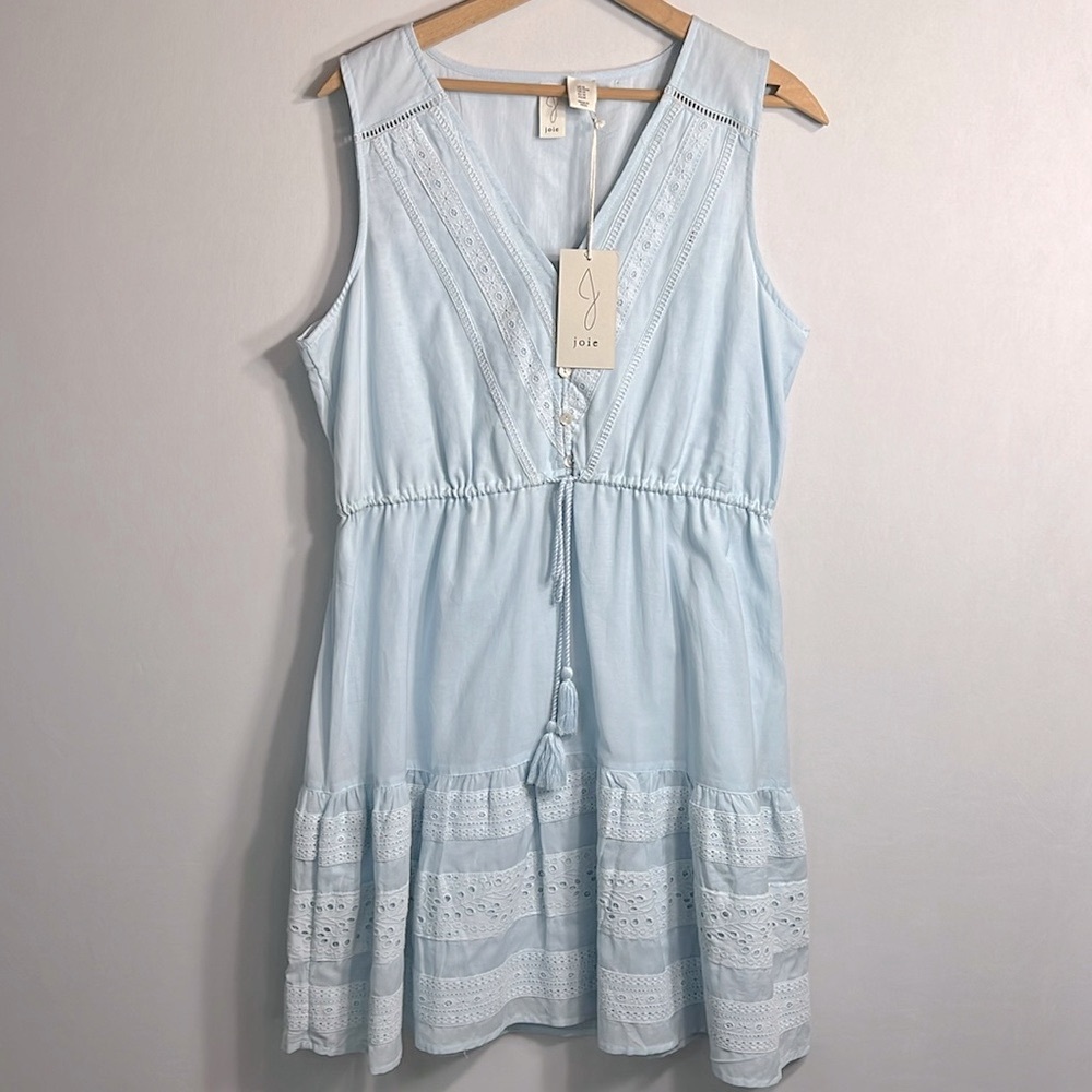 Joie Boho Blue Eyelet Sleeveless V-Neck Tassel Tie Waist Dress size M NWT